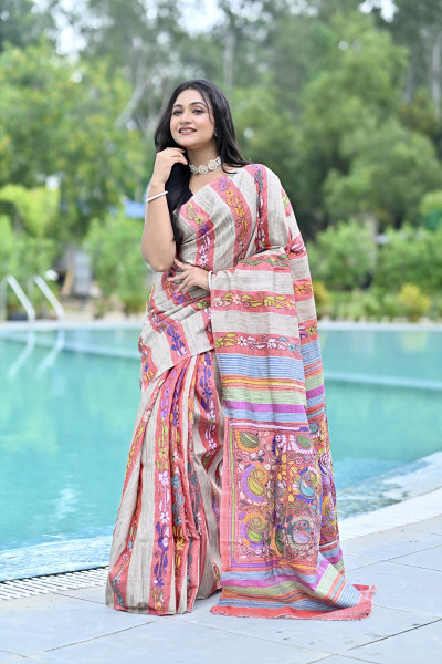 RUDRANI GHICHA STRIPE KANTHA SAREE