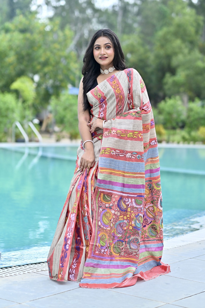 RUDRANI GHICHA STRIPE KANTHA SAREE