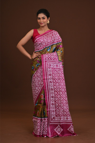 Tussar Dye Body Hand Print Saree