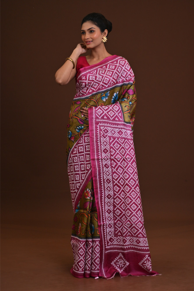 Tussar Dye Body Hand Print Saree