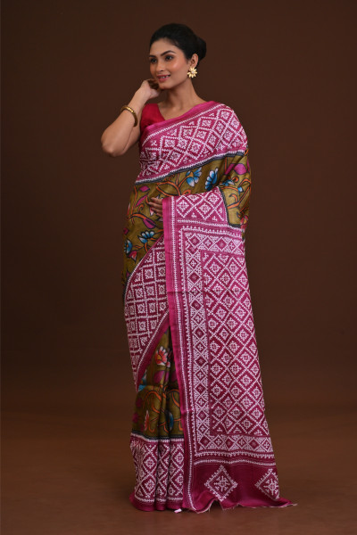 Tussar Dye Body Hand Print Saree