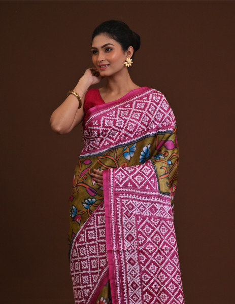 Tussar Dye Body Hand Print Saree