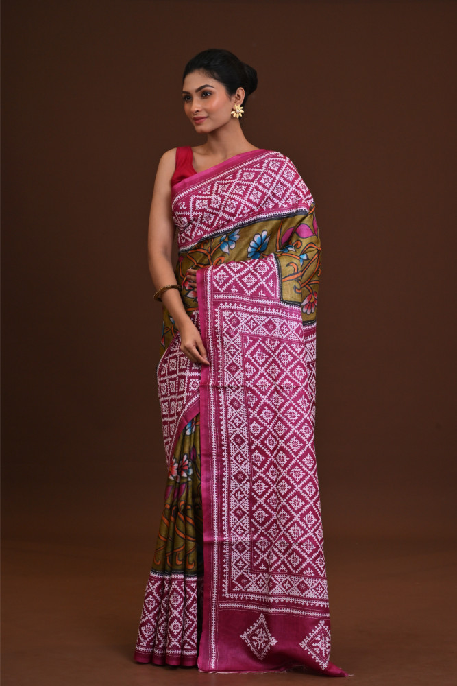 Tussar Dye Body Hand Print Saree