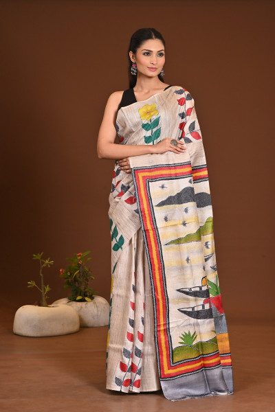 GHICHHA HANDPRINT JARI KANTHA SAREE