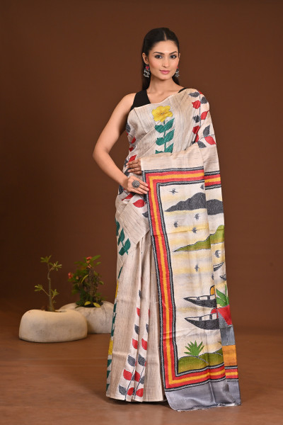 GHICHHA HANDPRINT JARI KANTHA SAREE