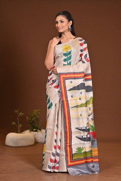 GHICHHA HANDPRINT JARI KANTHA SAREE