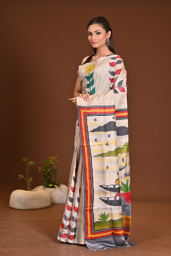 GHICHHA HANDPRINT JARI KANTHA SAREE