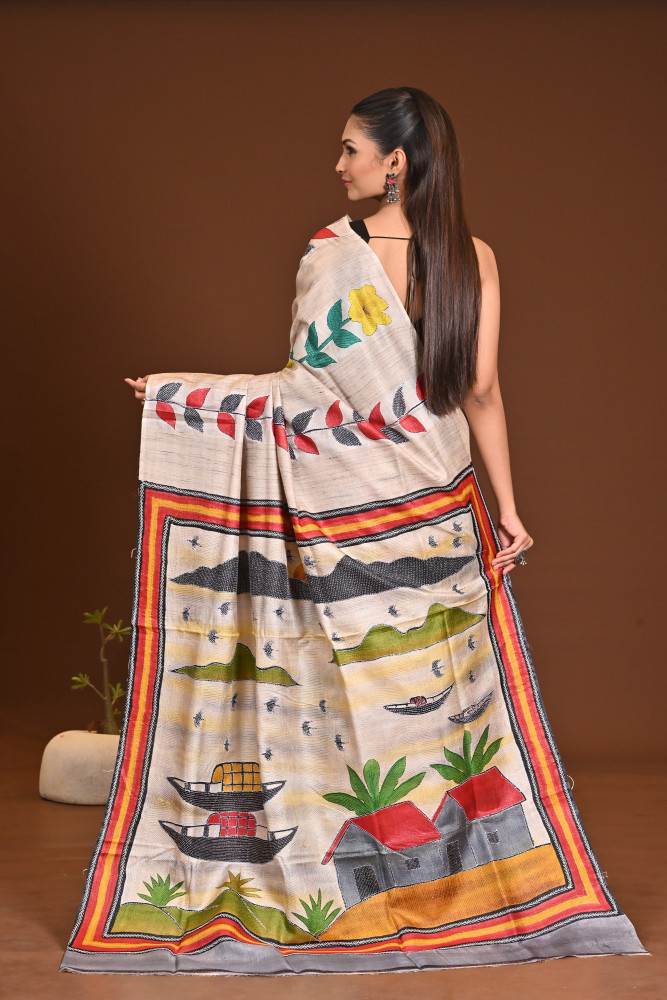 GHICHHA HANDPRINT JARI KANTHA SAREE