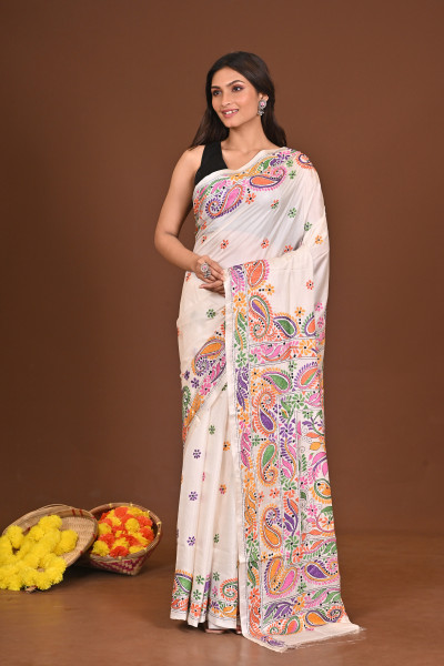 SHWETAMBARI BLENDED SILK KANTHA SAREE