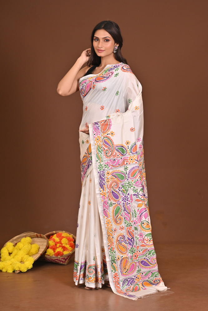 SHWETAMBARI BLENDED SILK KANTHA SAREE