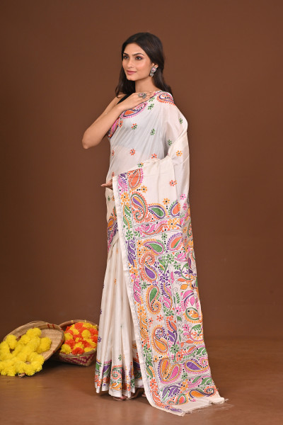 SHWETAMBARI BLENDED SILK KANTHA SAREE