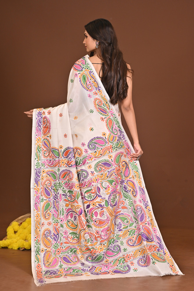 SHWETAMBARI BLENDED SILK KANTHA SAREE