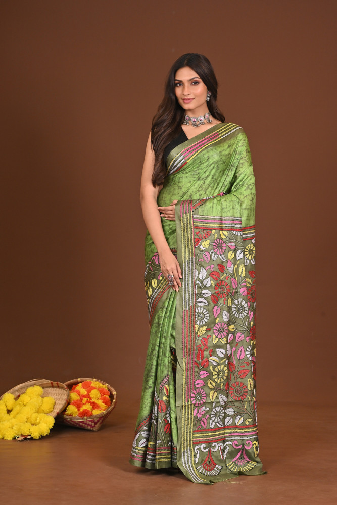 KUSHMANDA  BLENDED SILK KANTHA SAREE