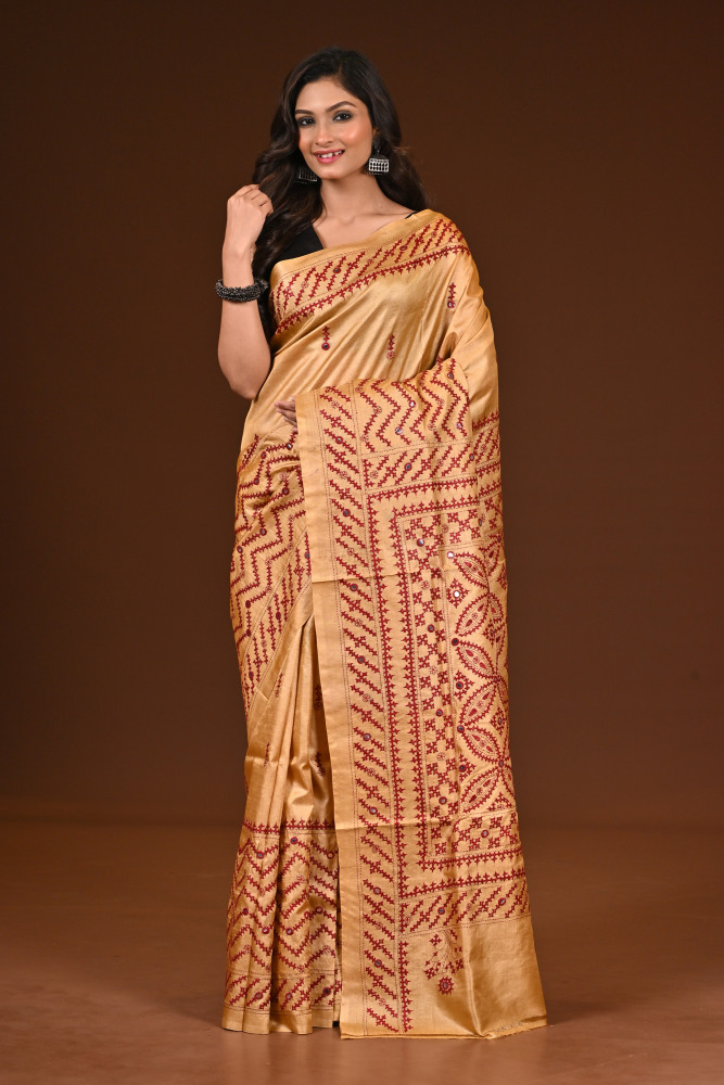 Image of TUSSAR DYE GUJRATI MIRROR SAREE