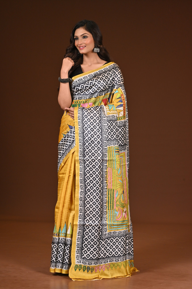 TUSSAR DYE  BLOCK KANTHA SAREE