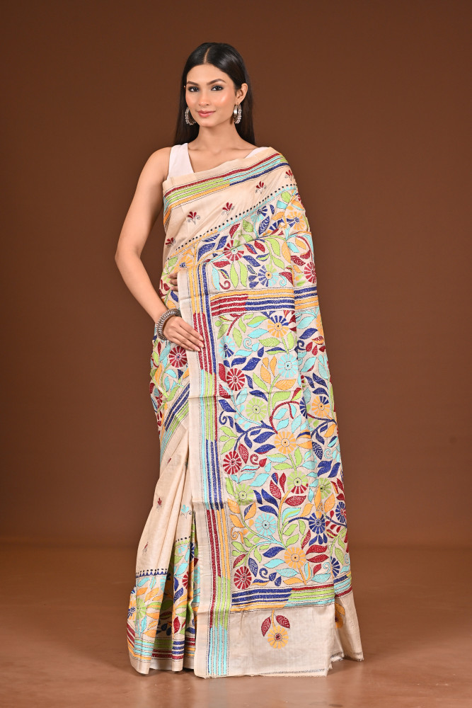 TUSSAR  SILK KANTHA SAREE