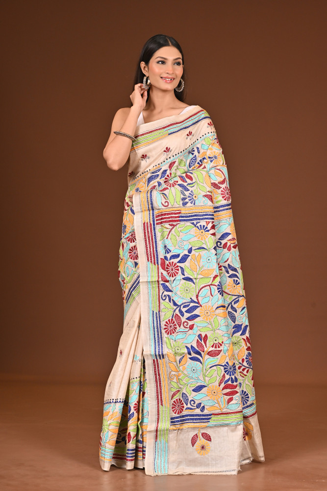 TUSSAR  SILK KANTHA SAREE