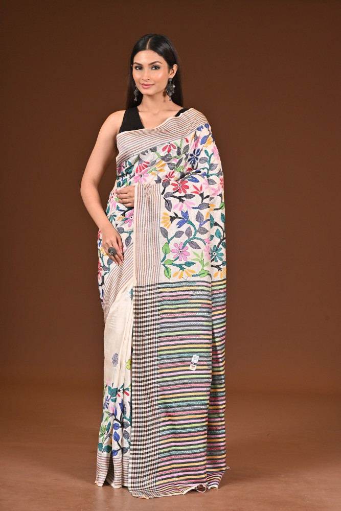 Image of PURE SILK JALCHURI ALLOVER  KANTHA SAREE