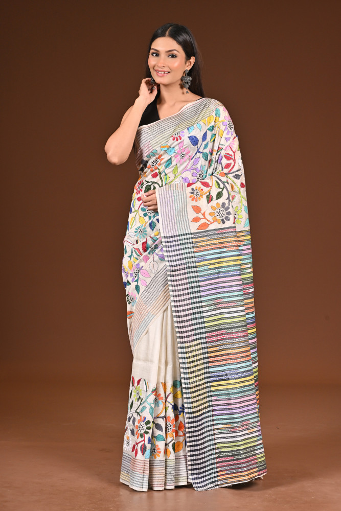 Image of PURE SILK JALCHURI ALLOVER  KANTHA SAREE