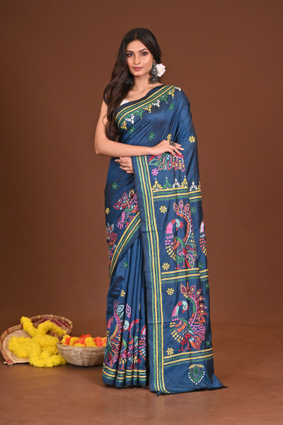 NEELPAKHI BLENDED SILK KANTHA SAREE