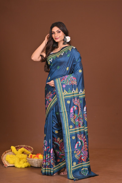 NEELPAKHI BLENDED SILK KANTHA SAREE