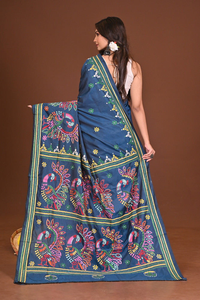 NEELPAKHI BLENDED SILK KANTHA SAREE