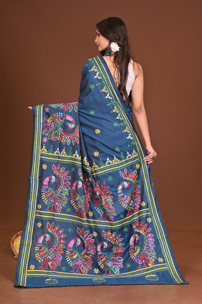 NEELPAKHI BLENDED SILK KANTHA SAREE