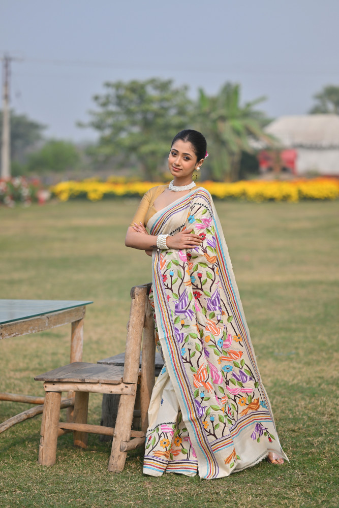 Pure Silk Kantha Stitch Saree