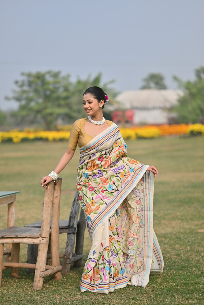 Image of Pure Silk Kantha Stitch Saree