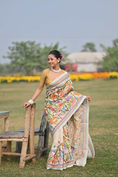 Pure Silk Kantha Stitch Saree