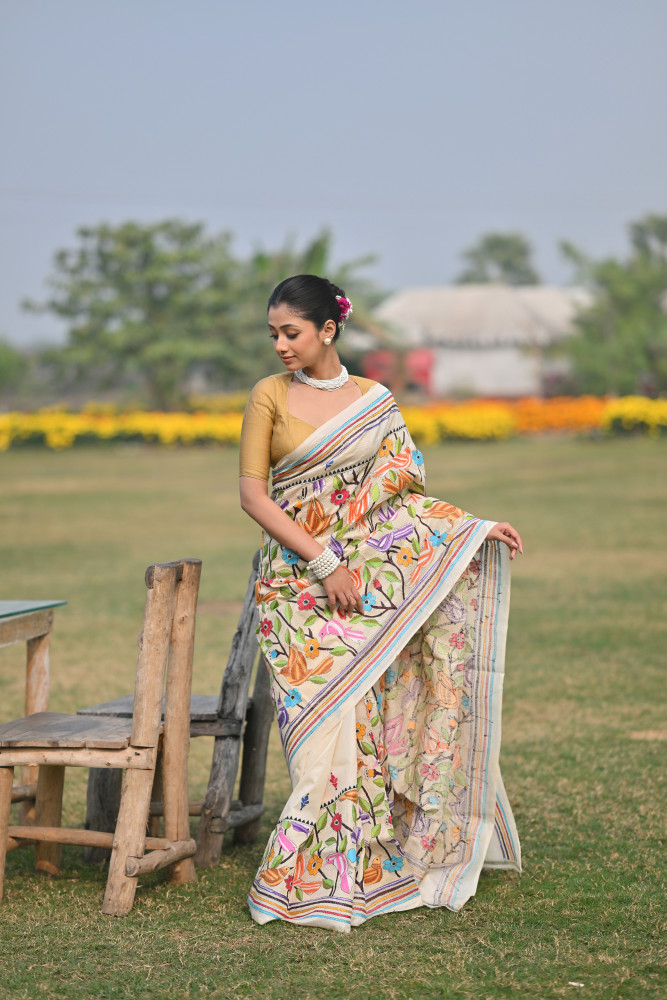 Pure Silk Kantha Stitch Saree