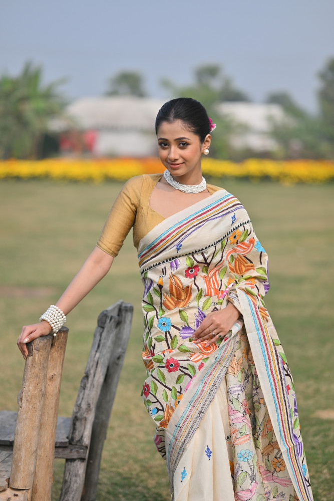 Pure Silk Kantha Stitch Saree