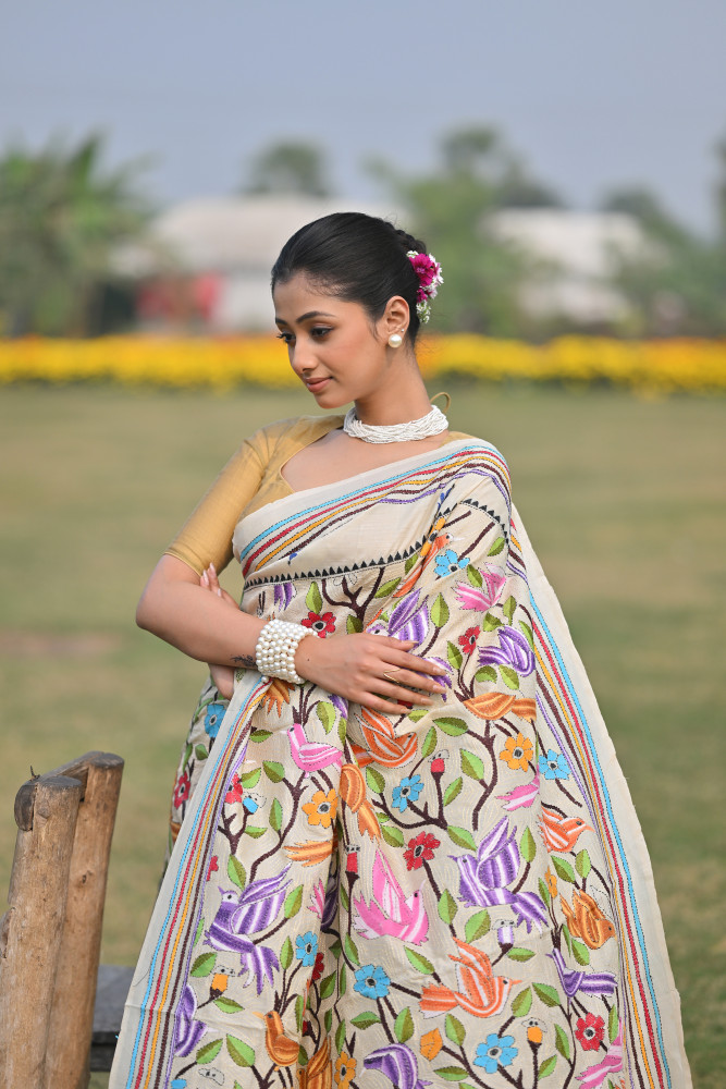Pure Silk Kantha Stitch Saree
