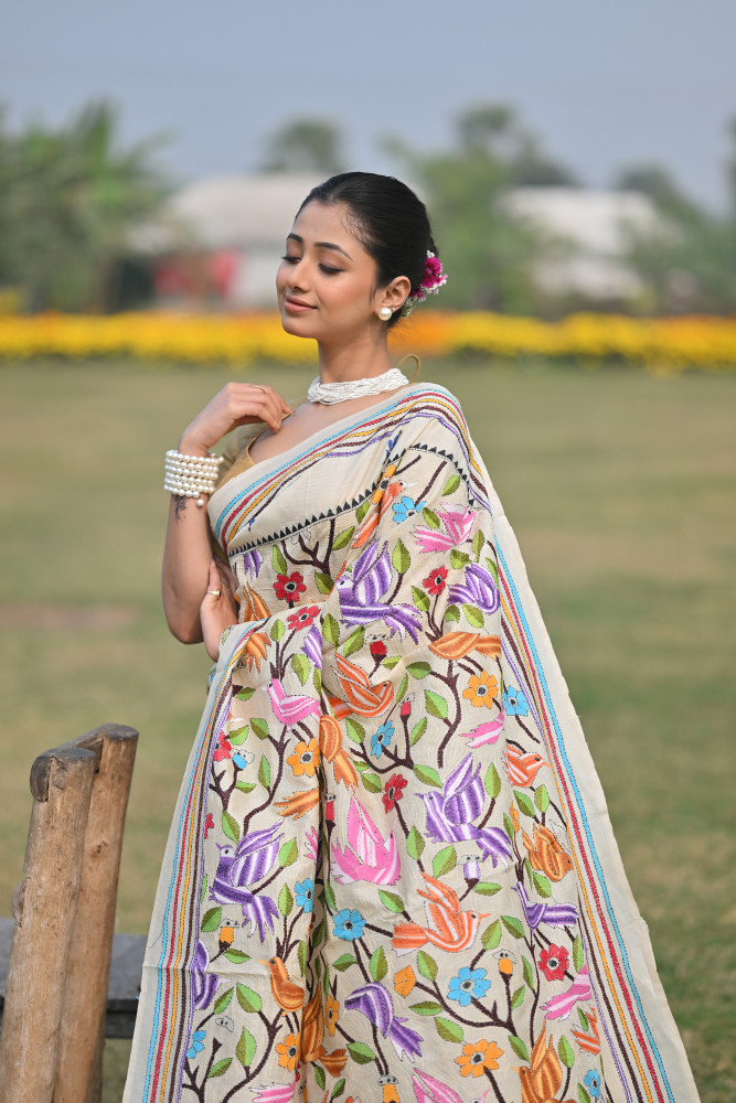 Pure Silk Kantha Stitch Saree