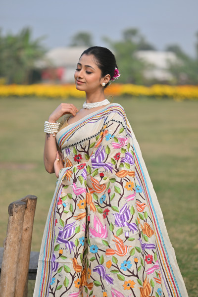 Pure Silk Kantha Stitch Saree