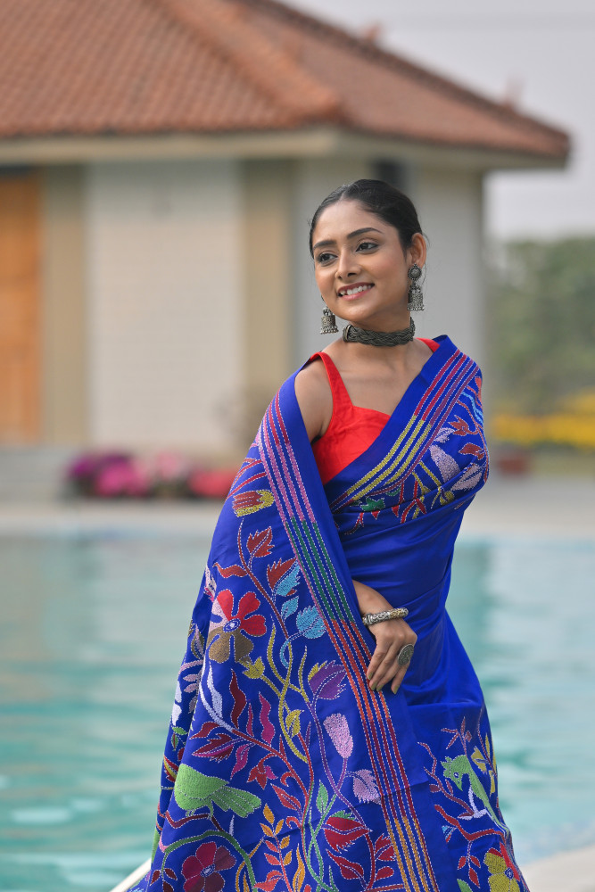 Image of Pure Silk Kantha Stitch Saree