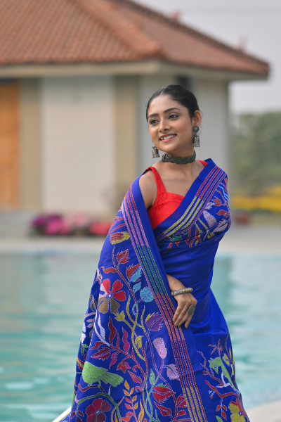 Pure Silk Kantha Stitch Saree