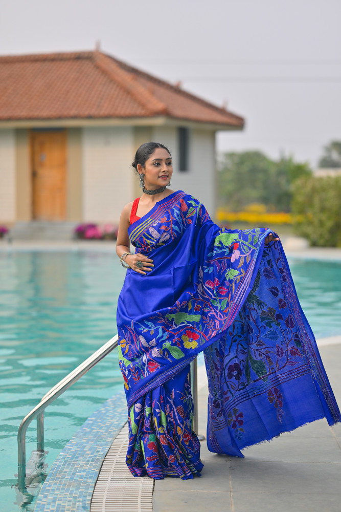 Pure Silk Kantha Stitch Saree