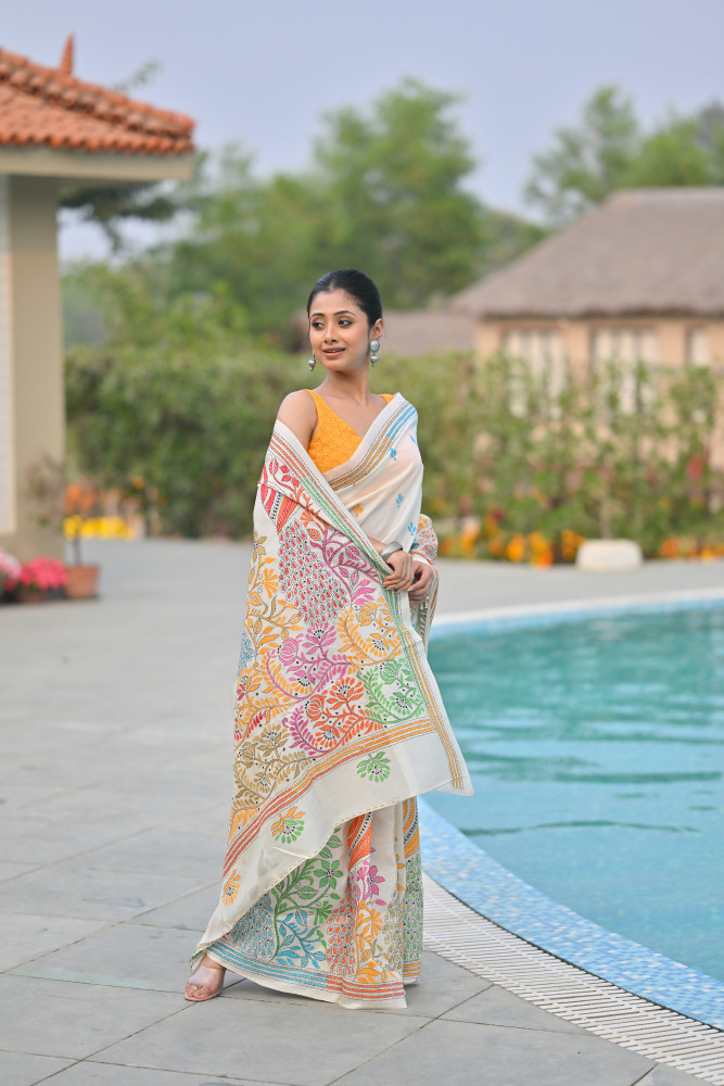Pure Silk Kantha Stitch Saree