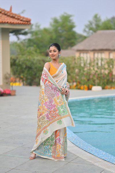 Pure Silk Kantha Stitch Saree