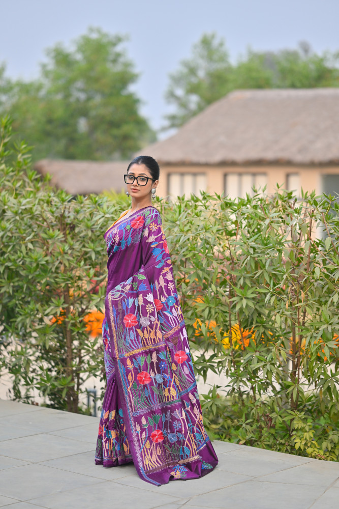 Pure Silk Kantha Stitch Saree