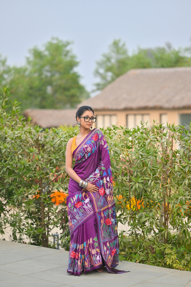 Pure Silk Kantha Stitch Saree