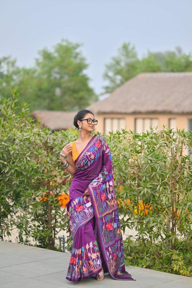 Pure Silk Kantha Stitch Saree