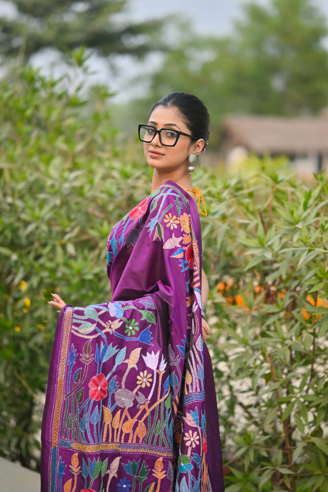 Pure Silk Kantha Stitch Saree