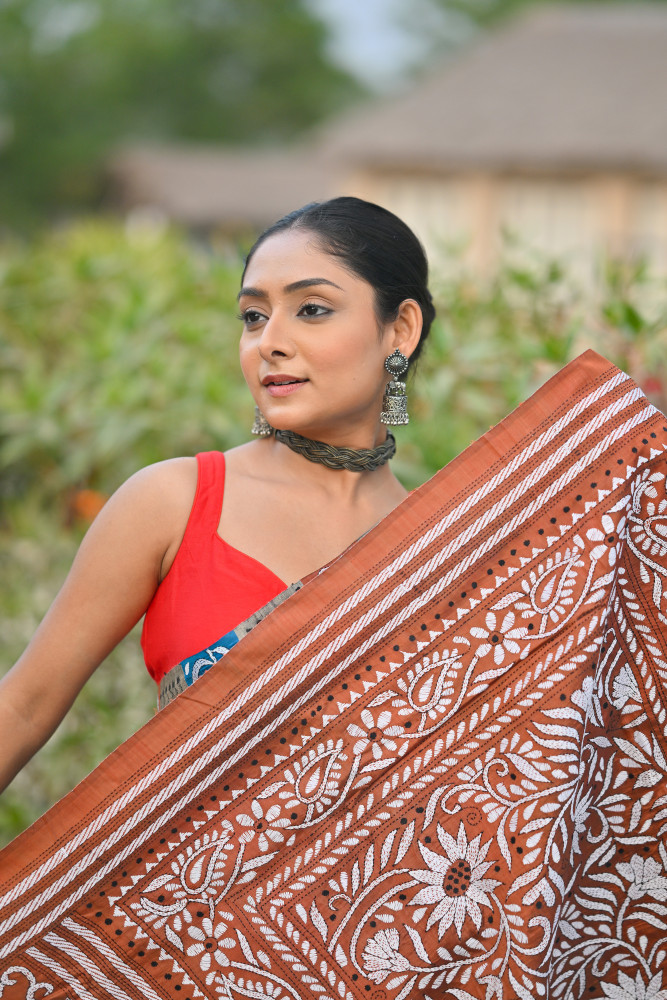 Pure Silk Kantha Stitch Saree