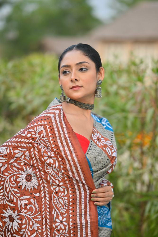 Pure Silk Kantha Stitch Saree