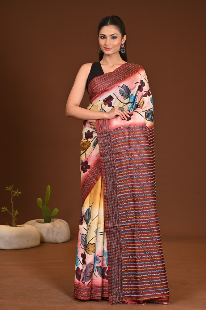 Image of SILK JALCHURI HAND PRINT KANTHA SAREE