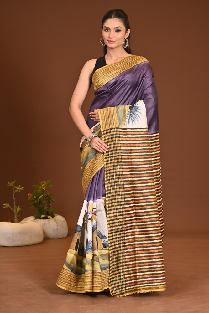 Image of SILK JHALCHURI HANDPRINT SAREE