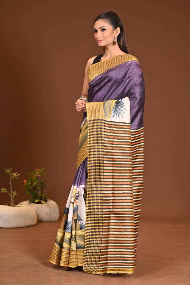 SILK JHALCHURI HANDPRINT SAREE