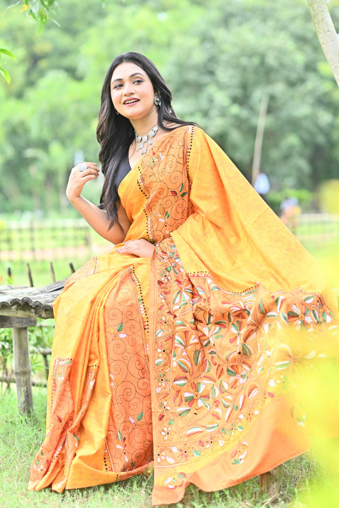 MAHAMAYA BLENDED SILK BATIK KANTHA SAREE